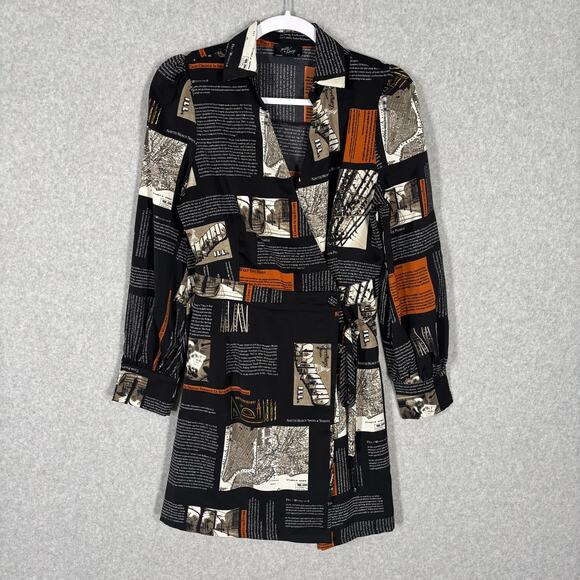 Milk Honey Dress Small Satin Wrap Silky Illinois Architecture‎ Newspaper Print - Picture 1 of 16